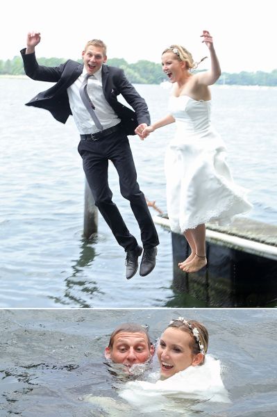 Brautpaar nimmt ein erfrischendes Bad vor der Trauung